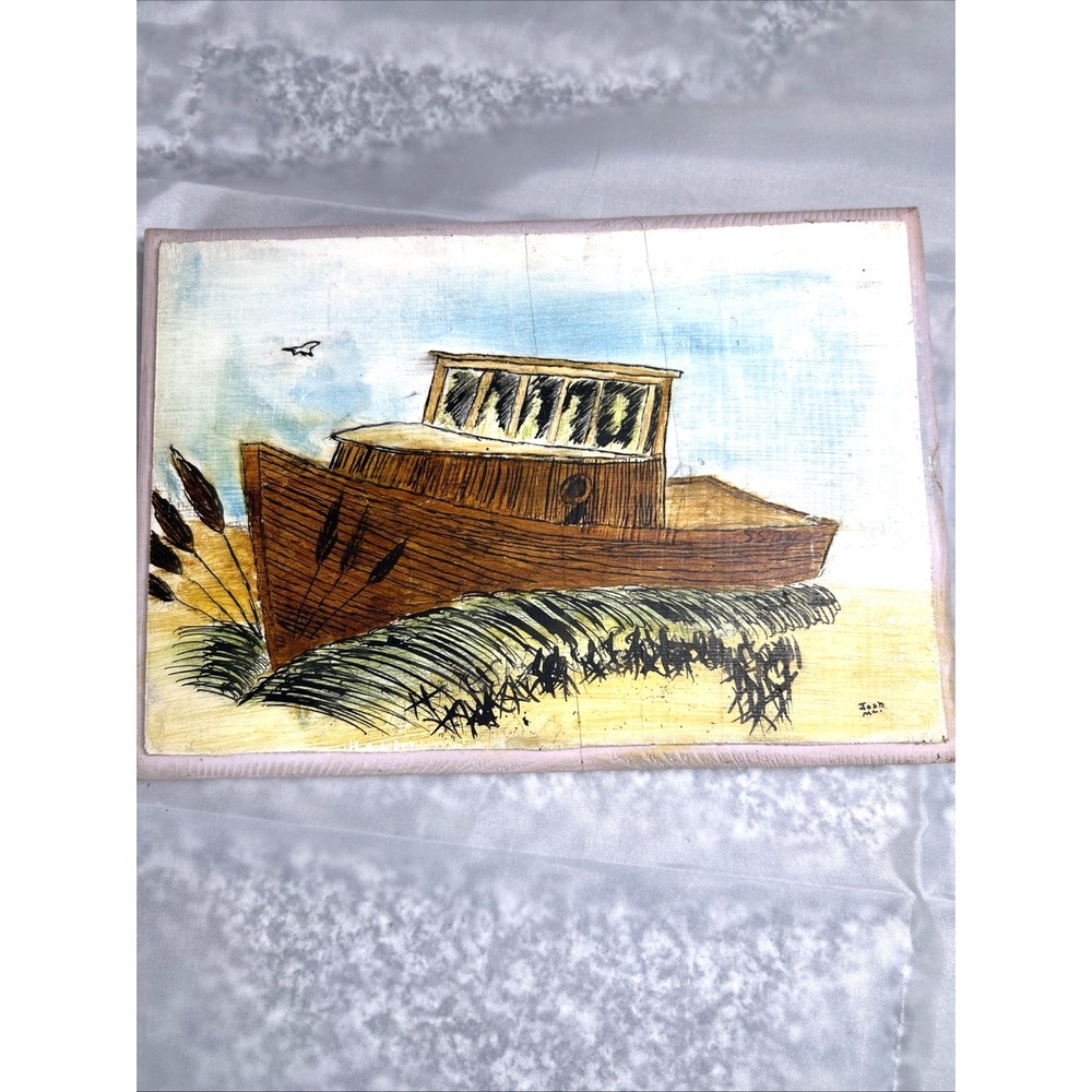 Original Painting on Wood Signed Josh Mc Nautical Boat Cabin Cruiser Whimsy